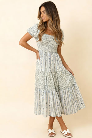 Square Neck Smocked Maxi Vintage Floral Dress