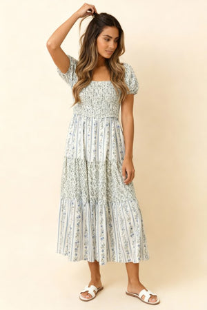 Square Neck Smocked Maxi Vintage Floral Dress
