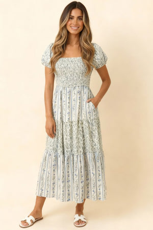 Square Neck Smocked Maxi Vintage Floral Dress