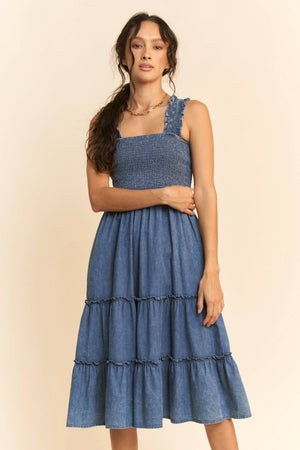 WASHED DENIM SMOCKING STRAPS TIERED MIDI DRESS