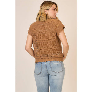 Open Knit Ruched Center V Neck Short Sleeve Top: Camel