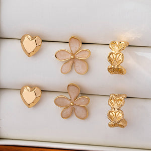 GOLD TRIO HEART FLOWER SEASHELL HUGGIE HOOP EARRINGS