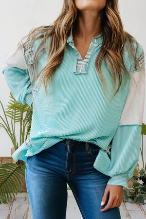 Patchwork Plaid Split Neck Top