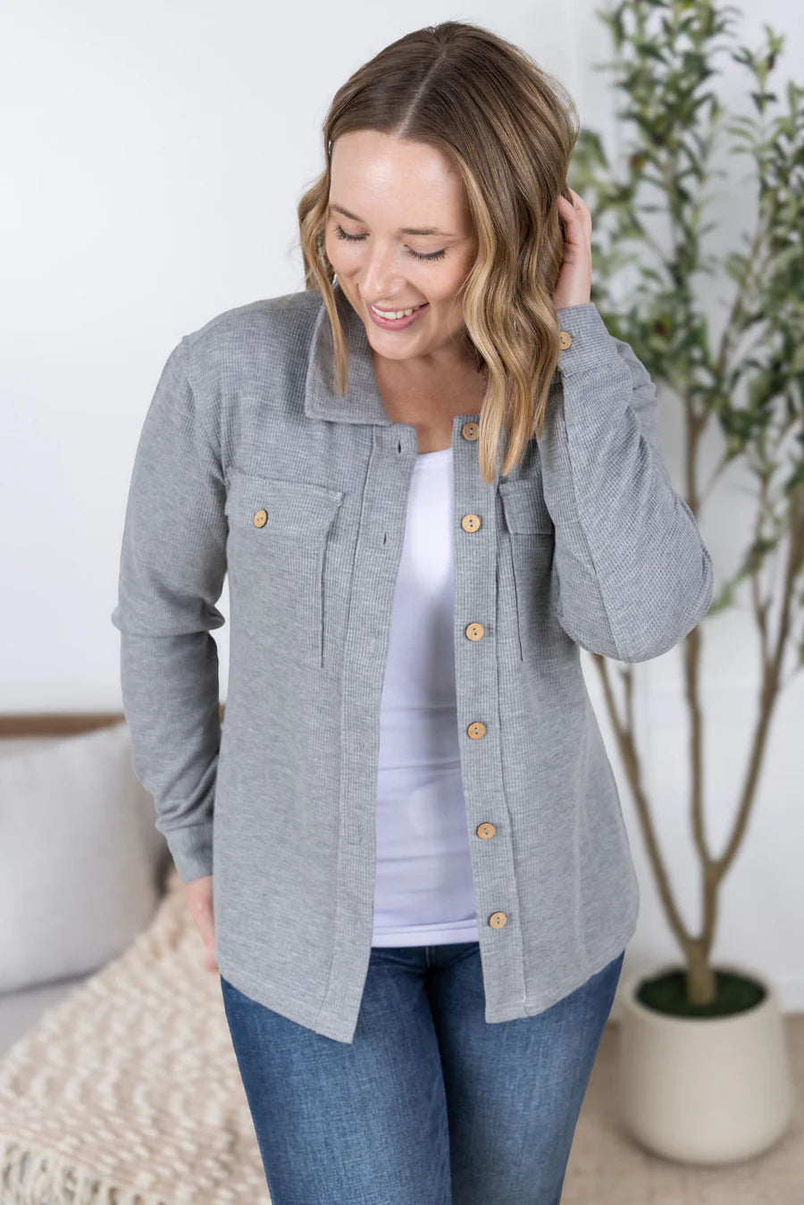 MM Waffle Knit Button Up Top in Grey