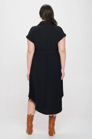 PLUS COLLARED BUTTON DOWN BELTED MIDI DRESS: BLACK