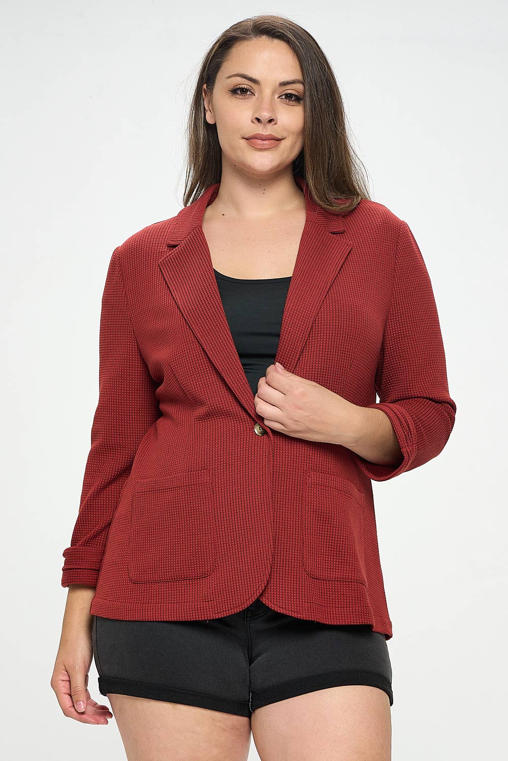 Shirred Sleeve Textured Blazer -Brick Red