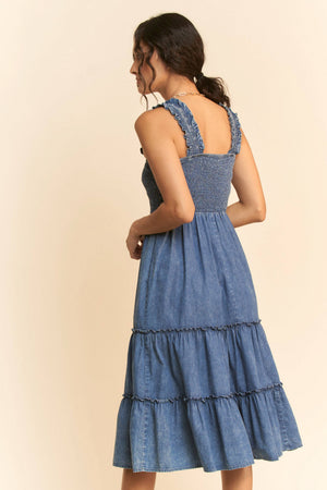 WASHED DENIM SMOCKING STRAPS TIERED MIDI DRESS