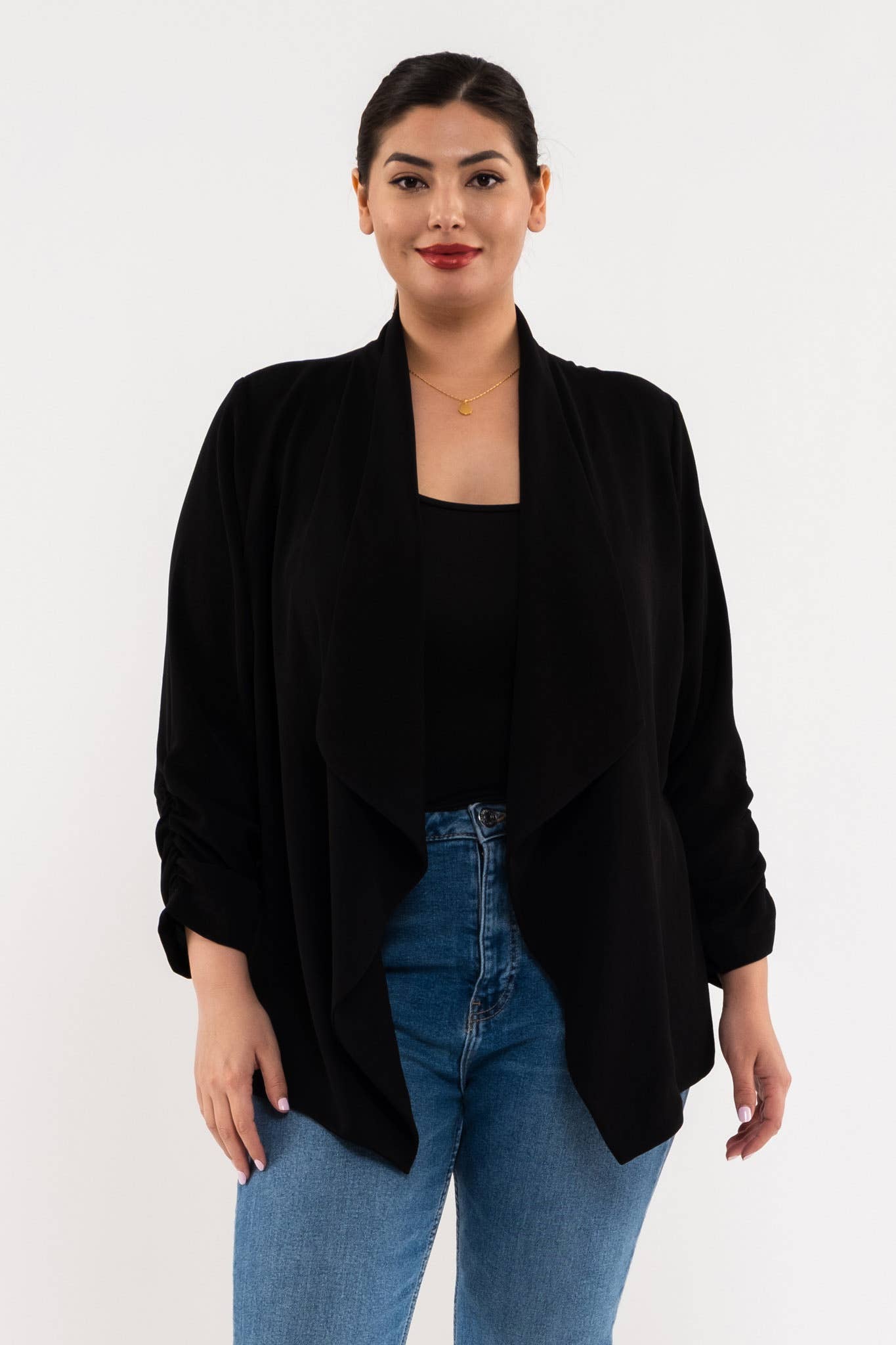 PLUS 3/4 ROUCHED SLEEVE BLAZER: BLACK