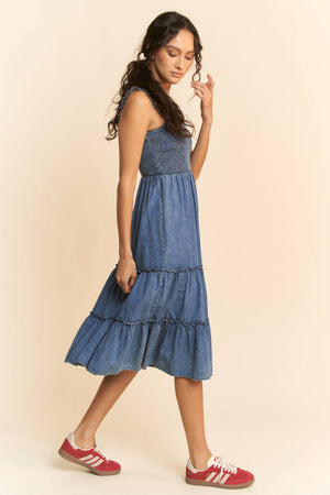 WASHED DENIM SMOCKING STRAPS TIERED MIDI DRESS