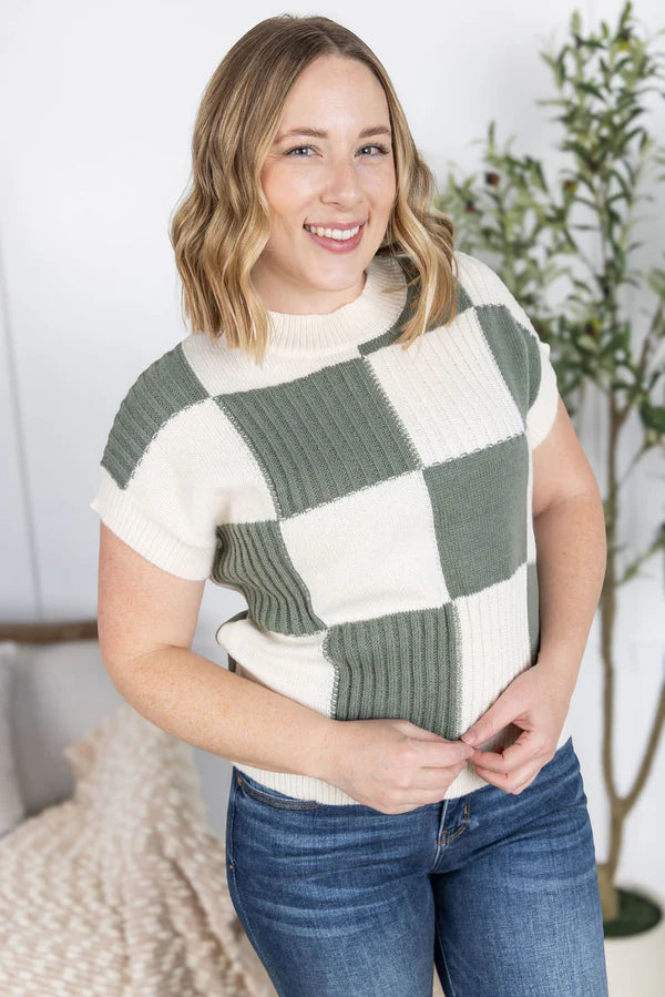 MM Checkered Short Sleeve Sweater Top in Sage