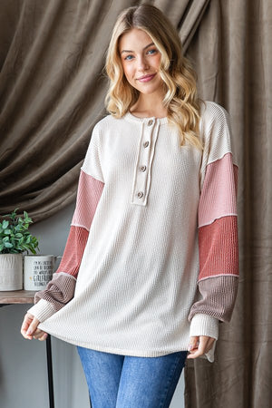 Cozy Colorblock Corded Henley Top in Oatmeal