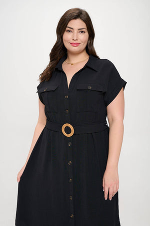 PLUS COLLARED BUTTON DOWN BELTED MIDI DRESS: BLACK