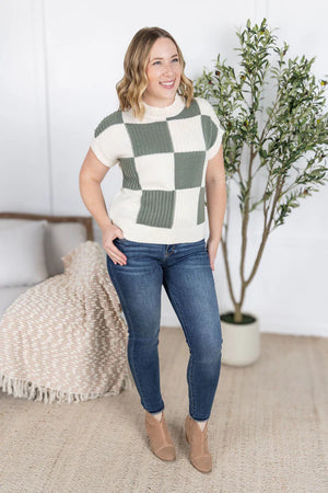 MM Checkered Short Sleeve Sweater Top in Sage
