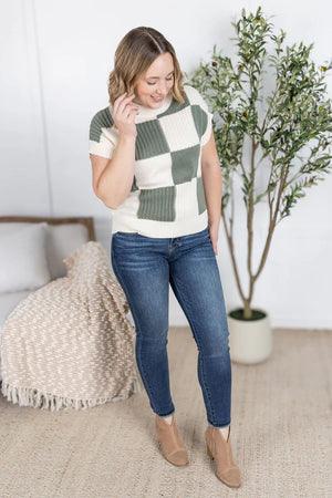 MM Checkered Short Sleeve Sweater Top in Sage