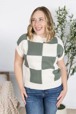 MM Checkered Short Sleeve Sweater Top in Sage