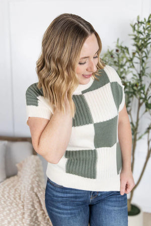 MM Checkered Short Sleeve Sweater Top in Sage
