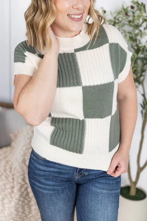 MM Checkered Short Sleeve Sweater Top in Sage