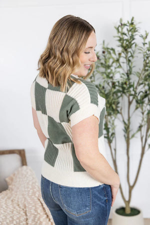 MM Checkered Short Sleeve Sweater Top in Sage