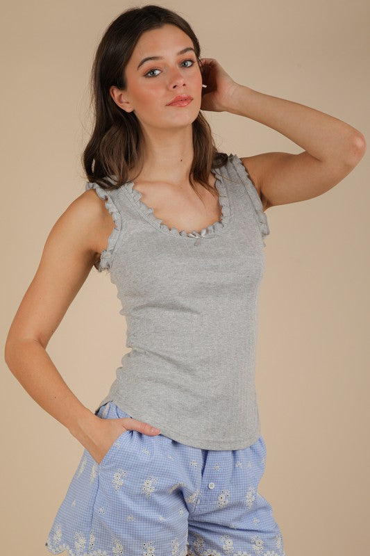 Bow Trim Ruffled Knit Tank in Grey