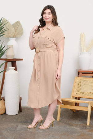 PLUS COLLARED BUTTON DOWN BELTED MIDI DRESS: BLACK