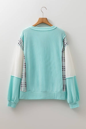 Patchwork Plaid Split Neck Top