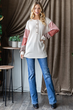 Cozy Colorblock Corded Henley Top in Oatmeal