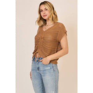 Open Knit Ruched Center V Neck Short Sleeve Top: Camel