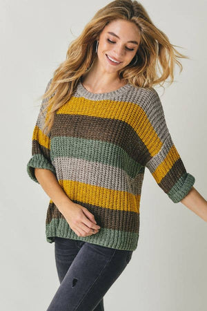 COLORBLOCK STRIPE THICK COZY KNIT SWEATER: DUSTY BROWN