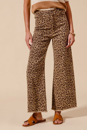 Mid Rise Wide Leg Leopard Twill Denim