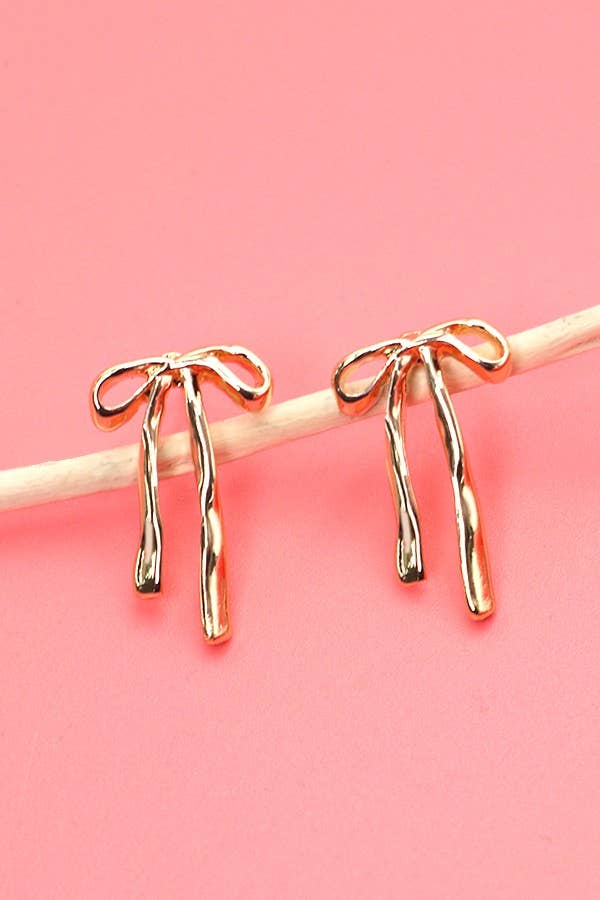 GOLD LONG BOW RIBBON STUD EARRINGS