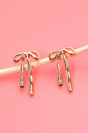 GOLD LONG BOW RIBBON STUD EARRINGS