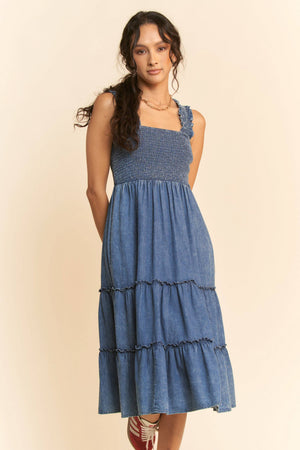WASHED DENIM SMOCKING STRAPS TIERED MIDI DRESS