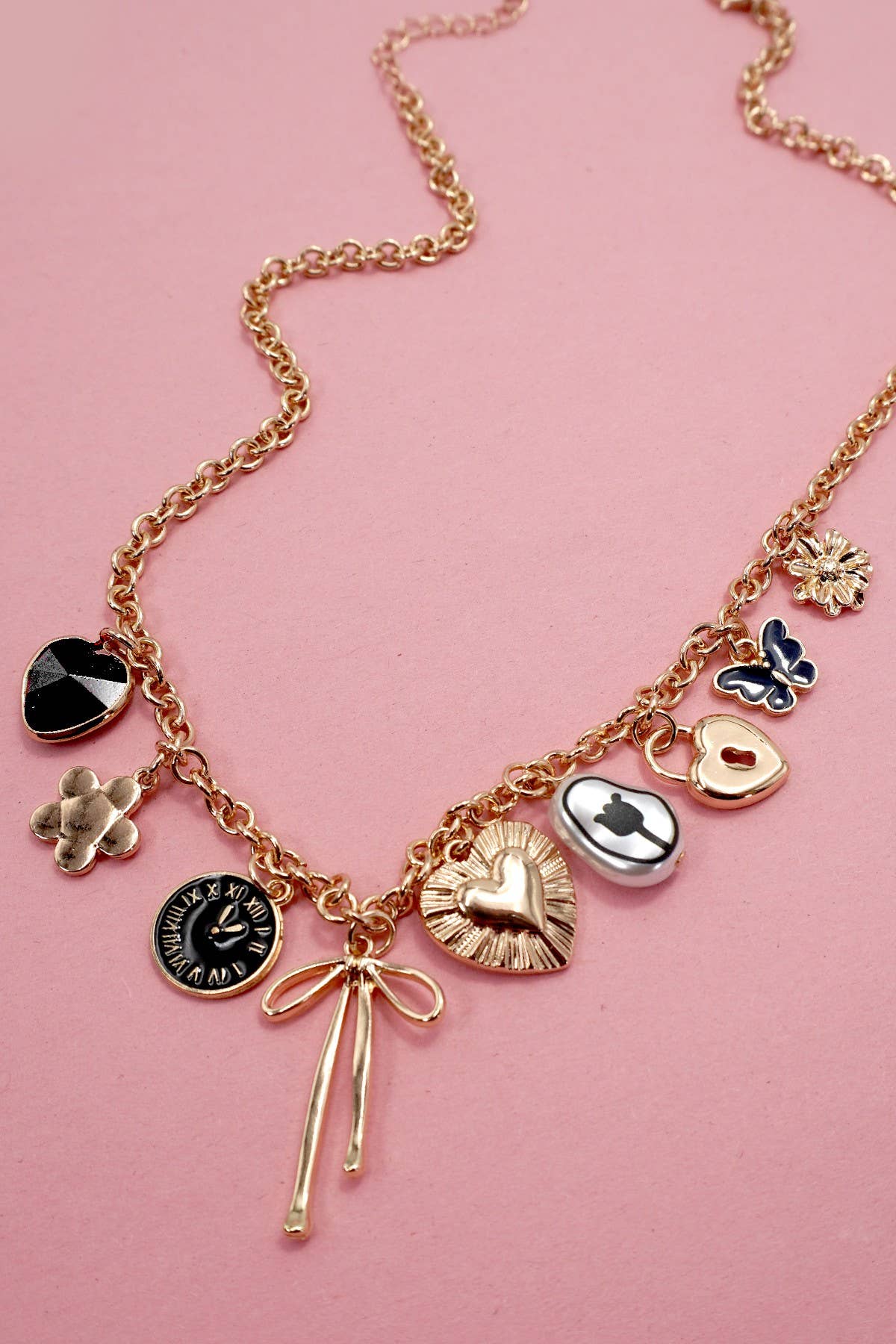 CHARM NECKLACE-HEART CLOCK BOW LOCK CHARMS