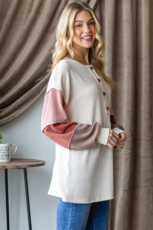 Cozy Colorblock Corded Henley Top in Oatmeal