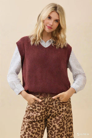 Curvy Classic V-Neck Sweater Vest in Chestnut