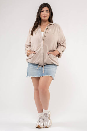 PLUS SNAP BUTTON ZIP UP HOODED JACKET: LIGHT OLIVE