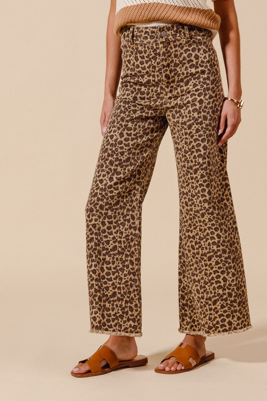 Mid Rise Wide Leg Leopard Twill Denim