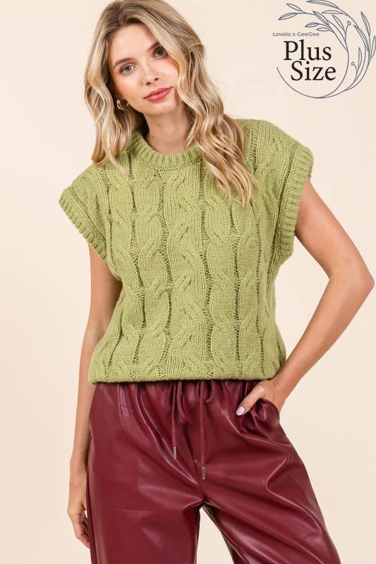 Curvy Cable Knit Sweater Vest in Avocado
