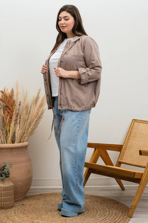 PLUS SNAP BUTTON ZIP UP HOODED JACKET: LIGHT OLIVE