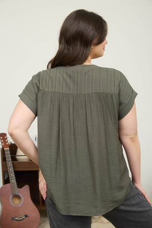 PLUS EYELET TRIM HALF BUTTON SHORT SLEEVE TOP: OLIVE