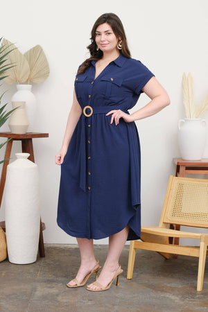 PLUS COLLARED BUTTON DOWN BELTED MIDI DRESS: BLACK