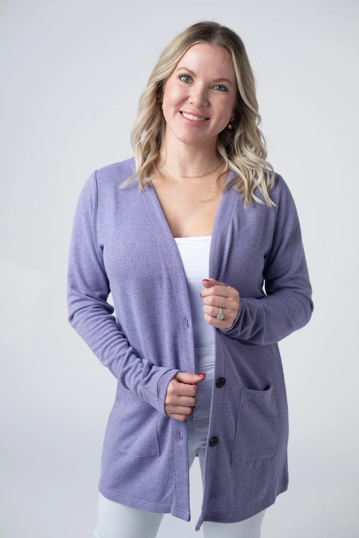 Michelle Mae Cori Button Cardigan in Heathered Lilac