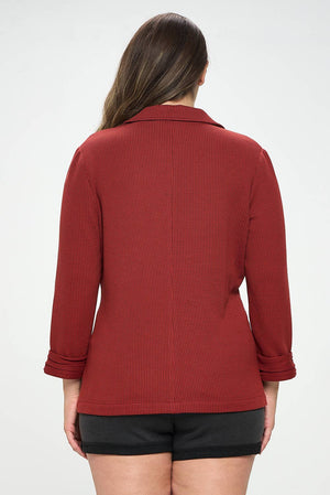 Shirred Sleeve Textured Blazer -Brick Red