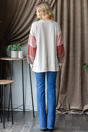 Cozy Colorblock Corded Henley Top in Oatmeal
