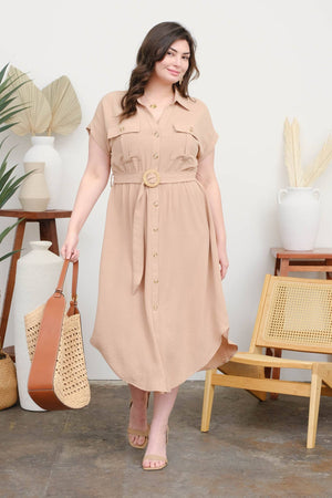 PLUS COLLARED BUTTON DOWN BELTED MIDI DRESS: BLACK