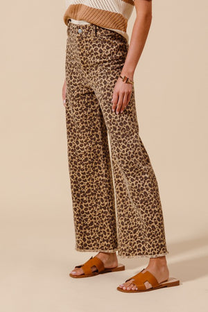 Mid Rise Wide Leg Leopard Twill Denim