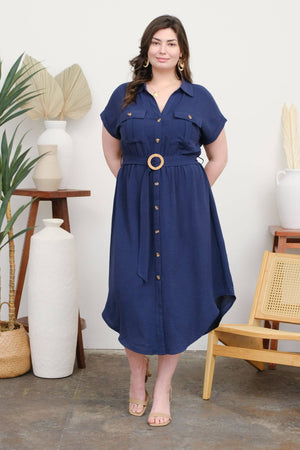 PLUS COLLARED BUTTON DOWN BELTED MIDI DRESS: BLACK