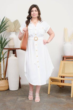 PLUS COLLARED BUTTON DOWN BELTED MIDI DRESS: BLACK