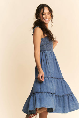 WASHED DENIM SMOCKING STRAPS TIERED MIDI DRESS