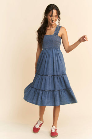WASHED DENIM SMOCKING STRAPS TIERED MIDI DRESS